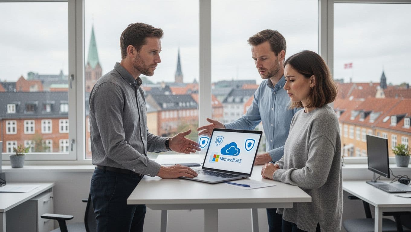 An IT expert stands beside an employee at a standing desk in a modern minimalist Aarhus office, gesturing to security icons and Microsoft 365 cloud on the laptop screen. Soft daylight illuminates the professional scene with a subtle cityscape view.