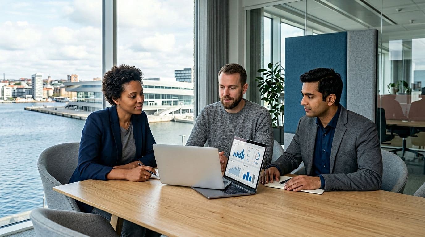 Modern corporate office in Aarhus, Denmark, features exactly three diverse professionals (two men, one woman) around a conference table with one open laptop showing generic dashboard graphs at an angle, natural daylight, clean blue and gray tones, emphasizing collaboration and problem-solving.