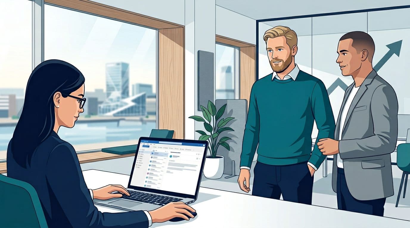 Clean Scandinavian corporate illustration featuring a three-person professional team in a modern Aarhus office; one troubleshoots an IT issue on a laptop with blurred Microsoft 365 interface while others discuss calmly.
