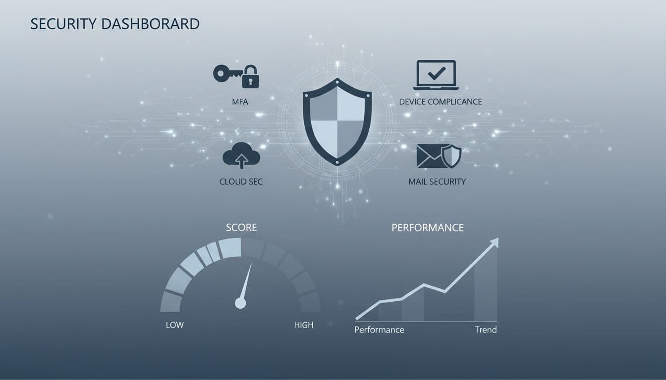 An abstract security dashboard scene featuring a rising score meter, upward-trending graph, central shield icon, and icons for MFA, device compliance, and email security in a modern minimalist blue-gray corporate tech style.