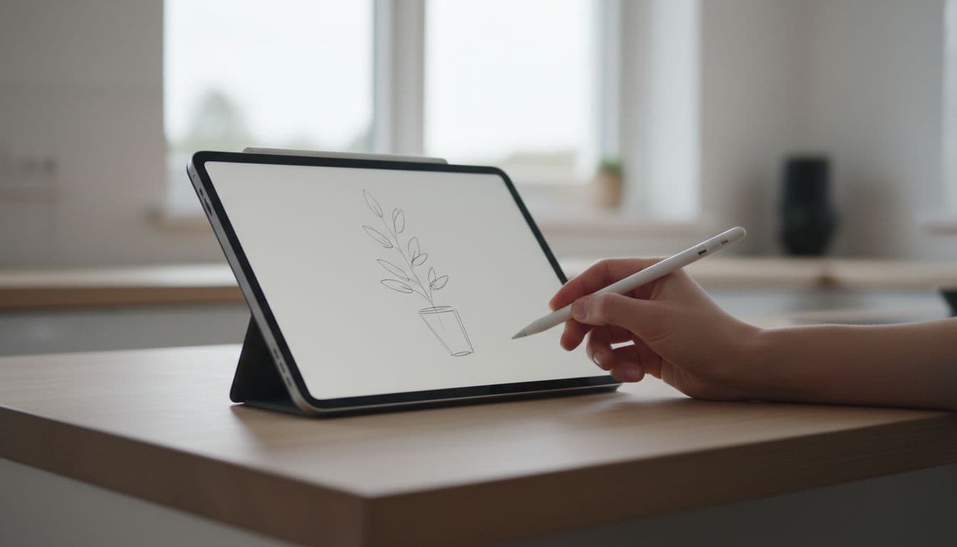 Hand loosely holds Apple Pencil Pro drawing simple sketch on iPad Pro 13-inch M4 atop wooden kitchen counter in soft daylight.