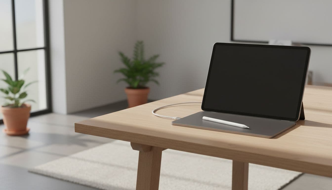 Apple Pencil USB-C connects via cable to iPad Air 13-inch M3 on light wooden table with soft natural light.