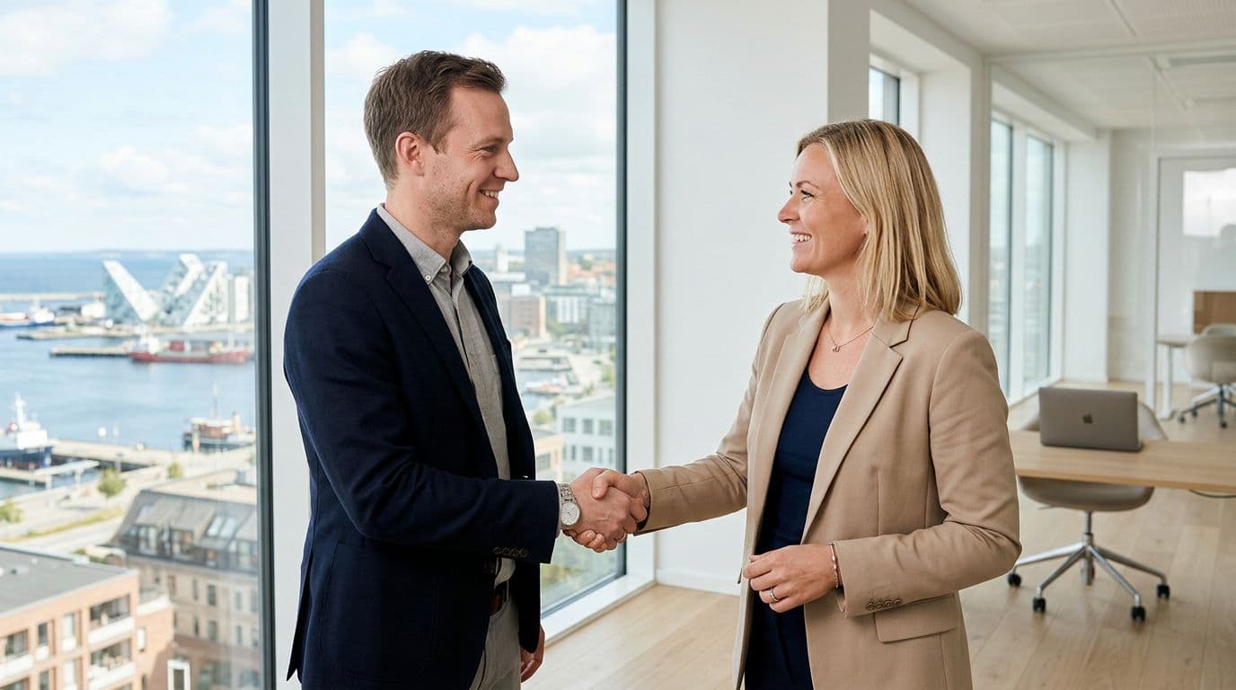 Two professionals share a natural handshake in a bright modern minimalist office overlooking a Danish cityscape like Aarhus or Randers, symbolizing trust in B2B IT partnerships.