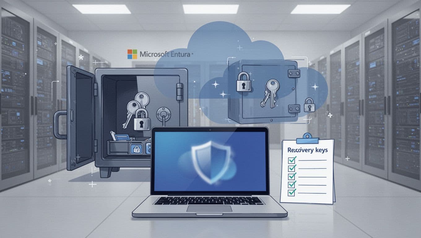 Clean vector illustration depicting a secure key vault with BitLocker recovery keys, a foreground laptop showing an abstract recovery shield, and subtle cloud storage silhouette on a neutral data center background.