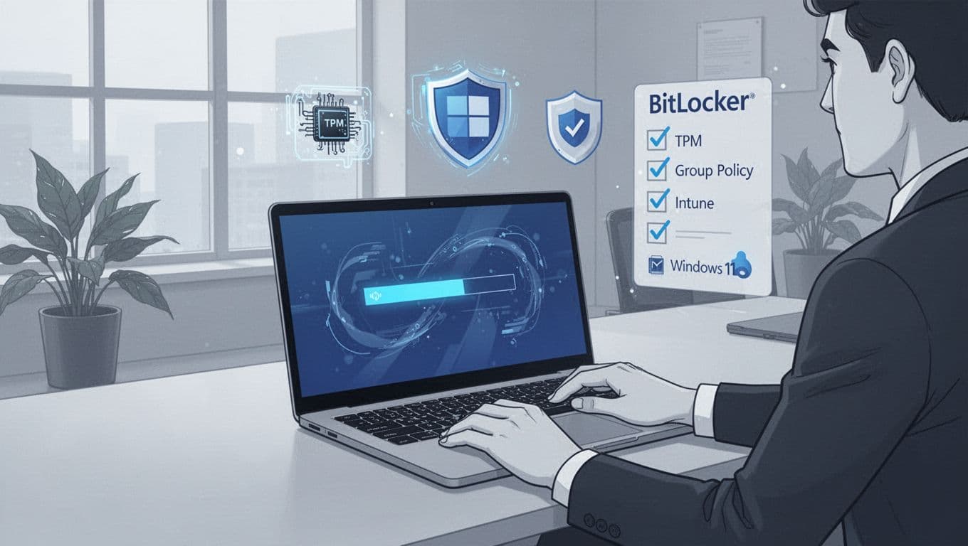 A clean, modern vector illustration of an IT admin setting up BitLocker encryption on a Windows 11 laptop in a professional office environment, featuring subtle icons for TPM, encryption shield, and policy checklist.