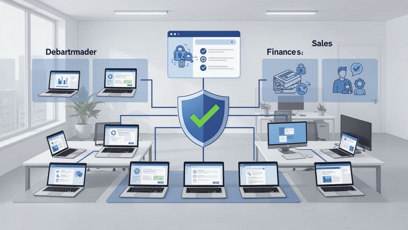 Clean vector illustration of a small business office with 8 devices connected to a central management dashboard, segmented by departments, overlaid with a compliance shield for BitLocker rollout.