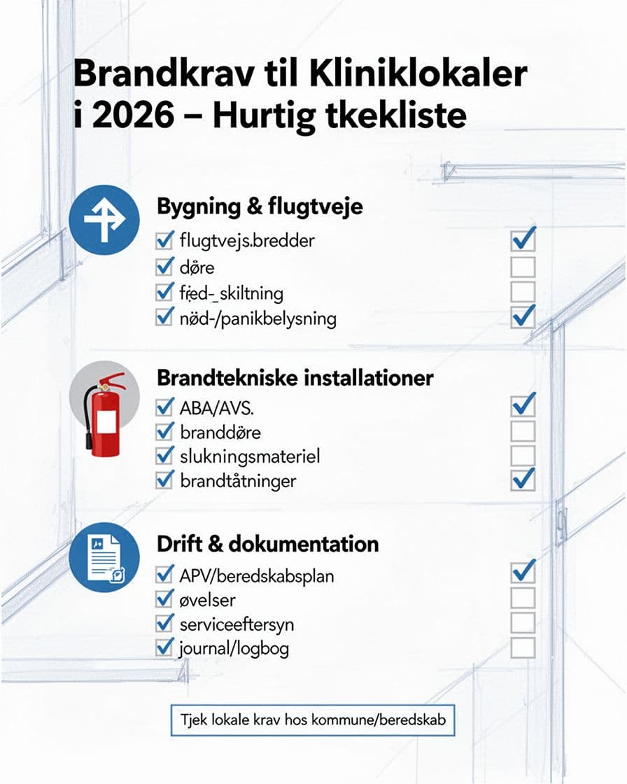 Ren, professionel A4-infografik i portrætformat med tjekliste over brandkrav til kliniklokaler i 2026, opdelt i tre sektioner: Bygning & flugtveje, Brandtekniske installationer og Drift & dokumentation. Minimalistisk design med ikoner, hvid baggrund og blå/grå accenter.
