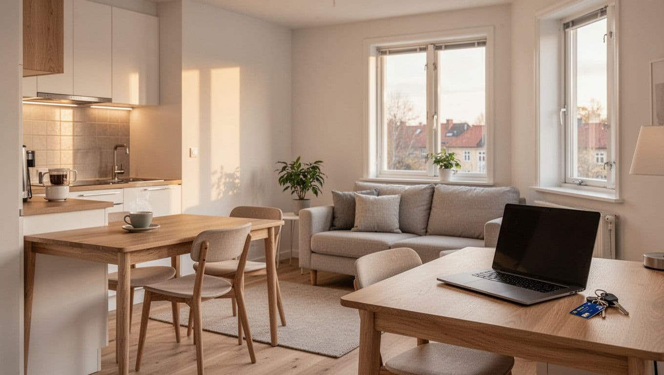 Photorealistic interior of a light, Nordic-furnished studio apartment for long-term stay, featuring a small kitchen nook with coffee cup, dining table, sofa, and work desk with closed laptop and key card. Soft afternoon sunlight through the window illuminates clean lines and a functional, cozy hygge style in neutral white, beige, and light wood tones.