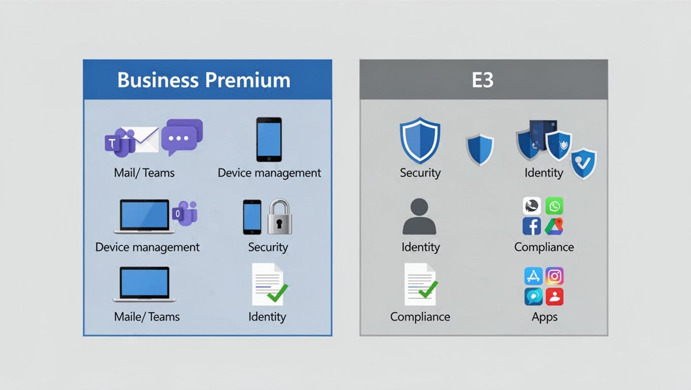 Modern flat isometric illustration in Nordic blue, gray, and white palette comparing Business Premium and E3 plans side-by-side with icons for mail/teams, device management, security, identity, compliance, and apps on a light gray background.