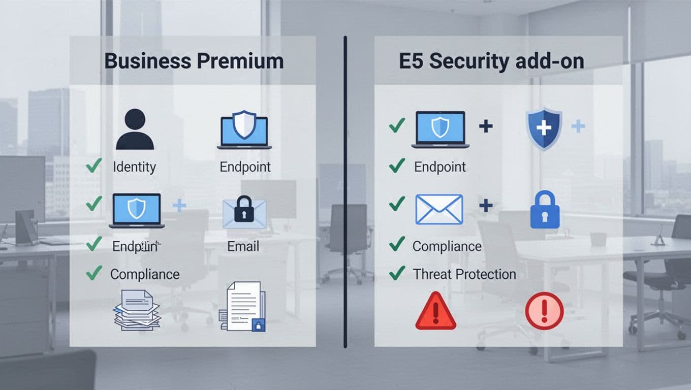 Minimalist vector illustration in split-screen format comparing Business Premium security features (left) with E5 Security add-on (right), featuring icons for identity, endpoint, email, compliance, and threat protection.