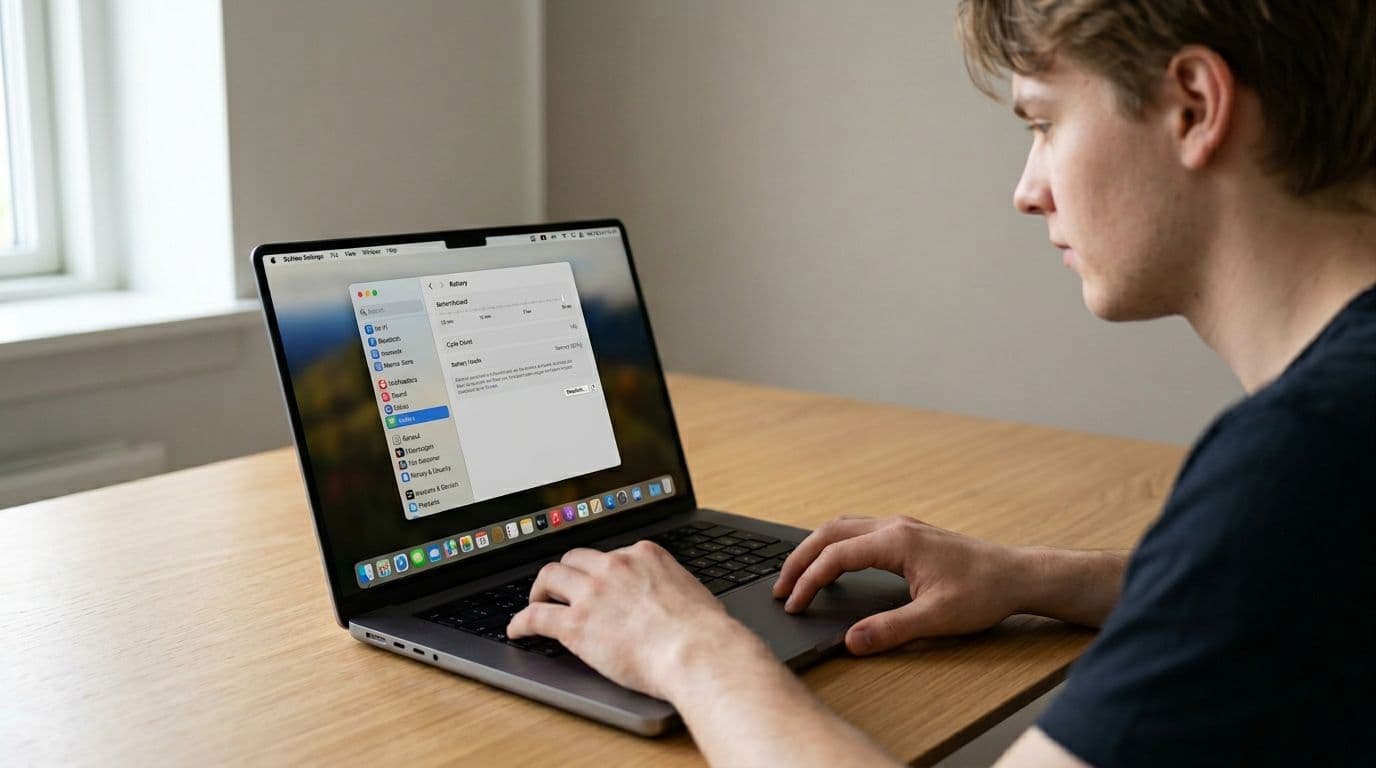 A young person sits at a minimalist desk in a home office, checking the battery cycle count on a MacBook Pro via System Settings > Battery. The screen clearly displays 'Cycle Count' and 'Batteritilstand' with photorealistic detail, natural light, and sharp focus on the screen and hands.