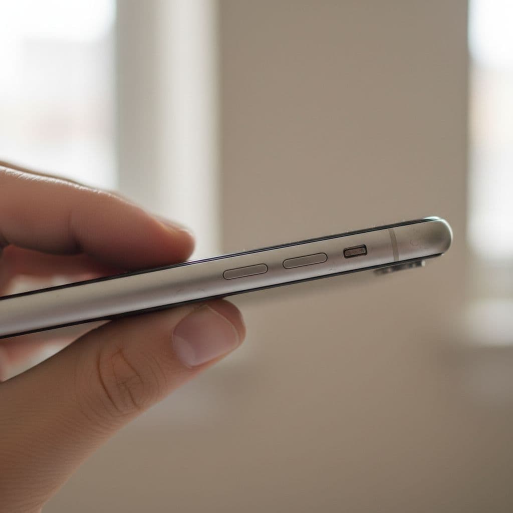 A person gently touches the side and silent buttons on a refurbished iPhone to check their function.