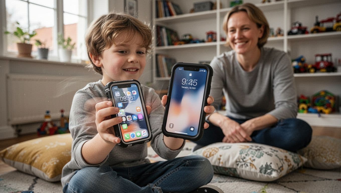 Barn med iPhone i robust cover