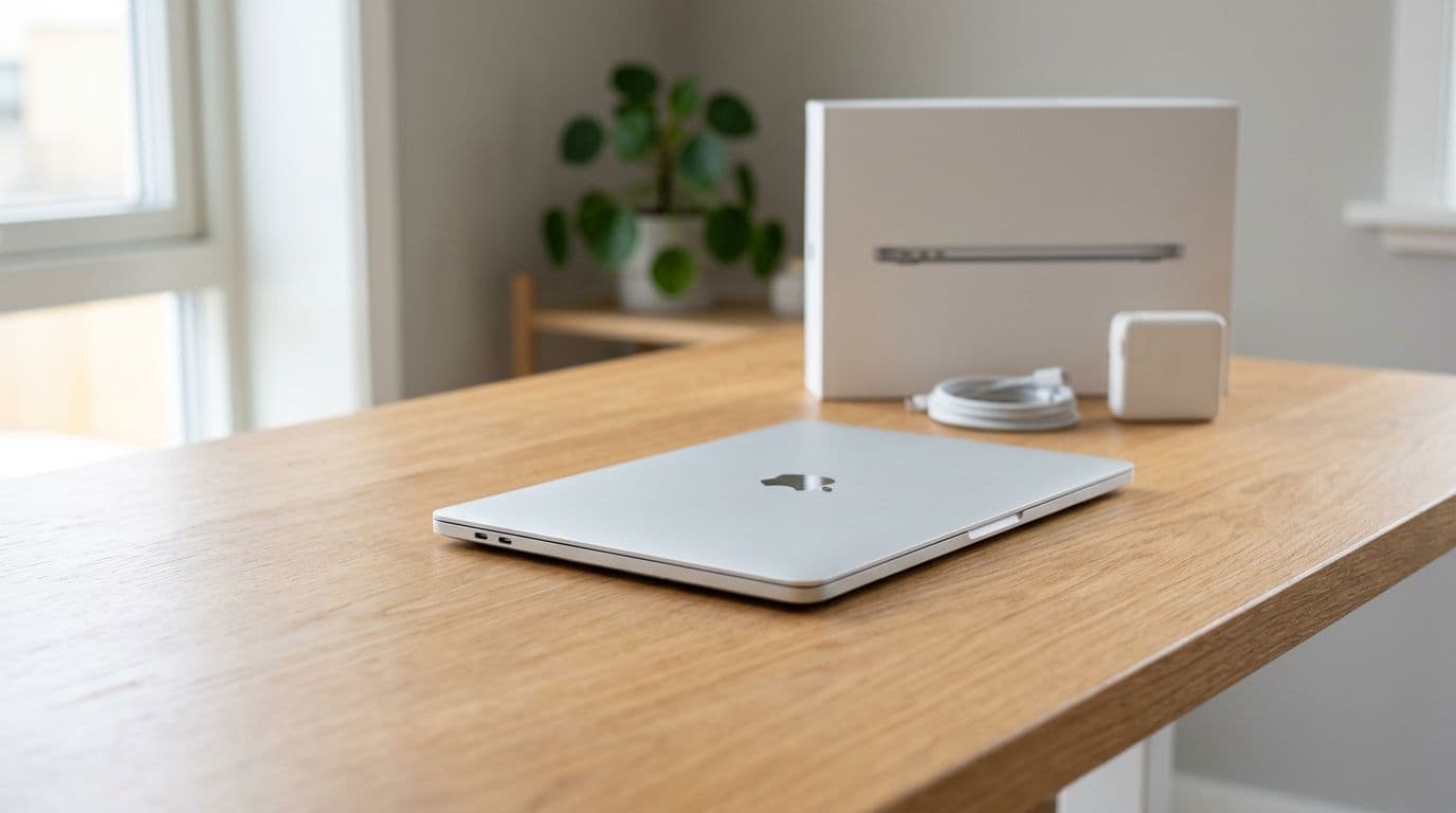 Photorealistic image in modern Scandinavian style: closed MacBook next to empty, cleaned desk surface ready for sale, charger and empty box in background, daylight, neutral background, no serial numbers, no text, no people, soft lighting, high detail, realistic colors.