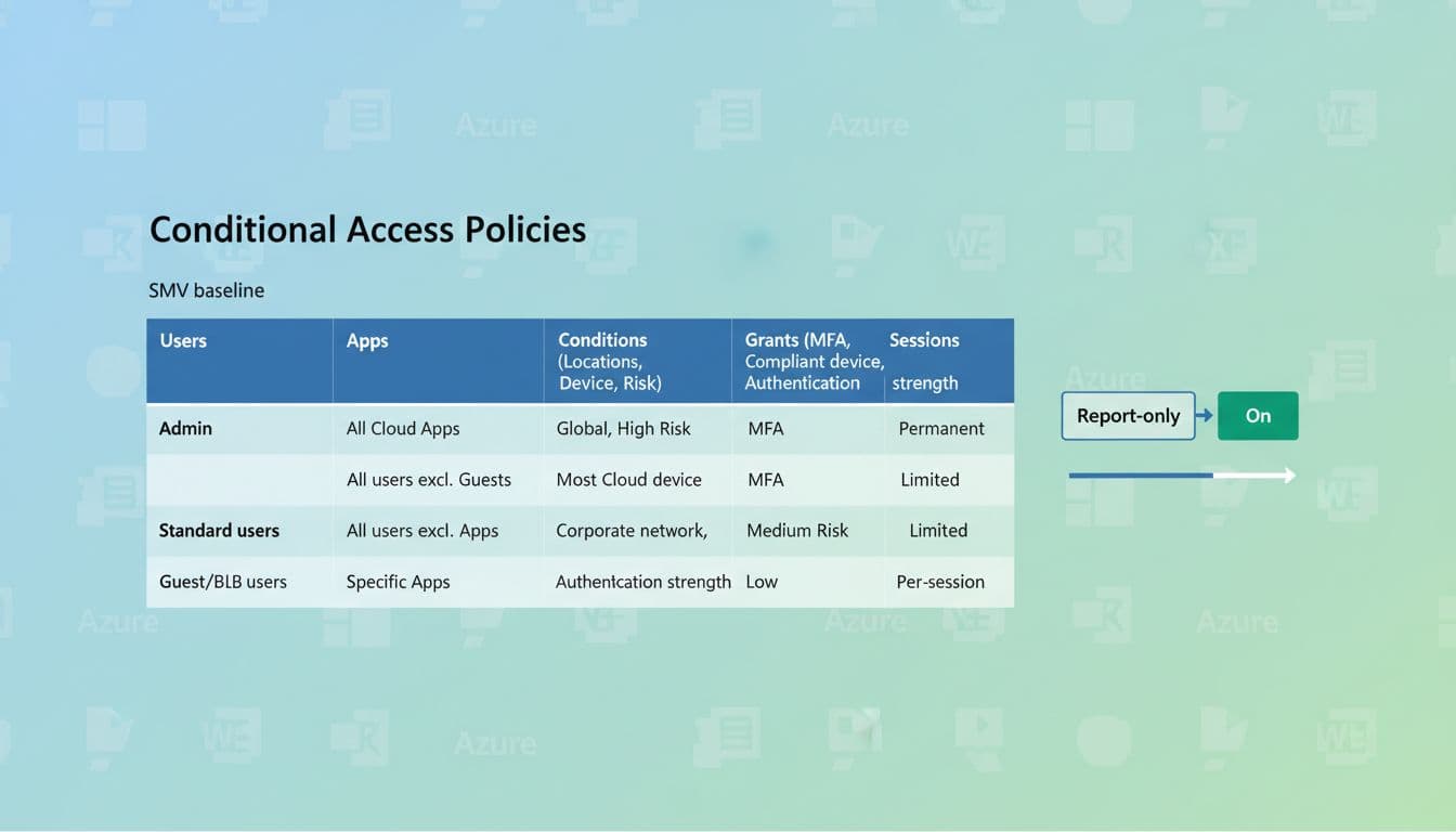 Modern high-contrast flat isometric illustration of a Conditional Access policy matrix table in corporate blue and green, featuring SMV baseline for Admin, Standard users, and Guest/B2B policies with rollout from Report-only to On.
