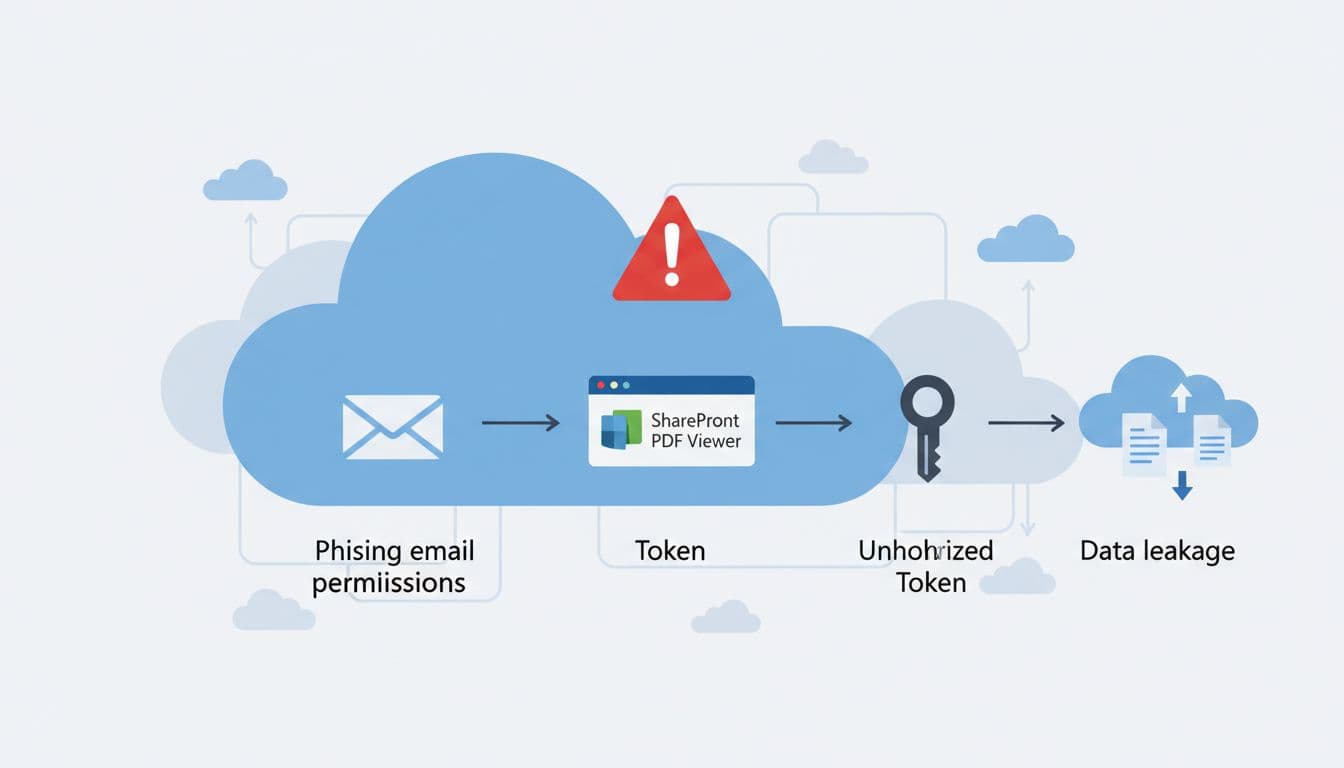 Illustration af OAuth consent phishing flow med mail, app-samtykke, token og datalæk