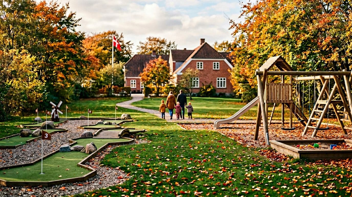 Photorealistic scene of a hyggelig playground and minigolf course on a hotel area bathed in autumn sunlight, featuring green grass, play equipment, minigolf holes, a Danish hotel in the background, calm surroundings, and one partially visible family of four from a distance. Natural colors evoke Nordic hygge.