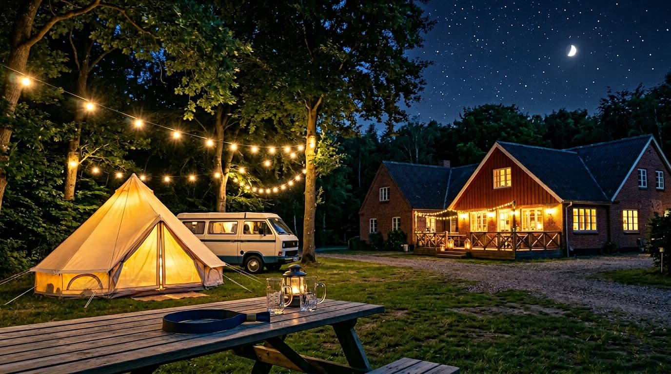 Photorealistic cozy camping site and holiday house at Hotel Lillevang in Slagelse in the evening after a concert, featuring lit tent, camper, fairy lights, terrace with warm lighting, starry sky, and picnic table with concert wristband in Danish nature.