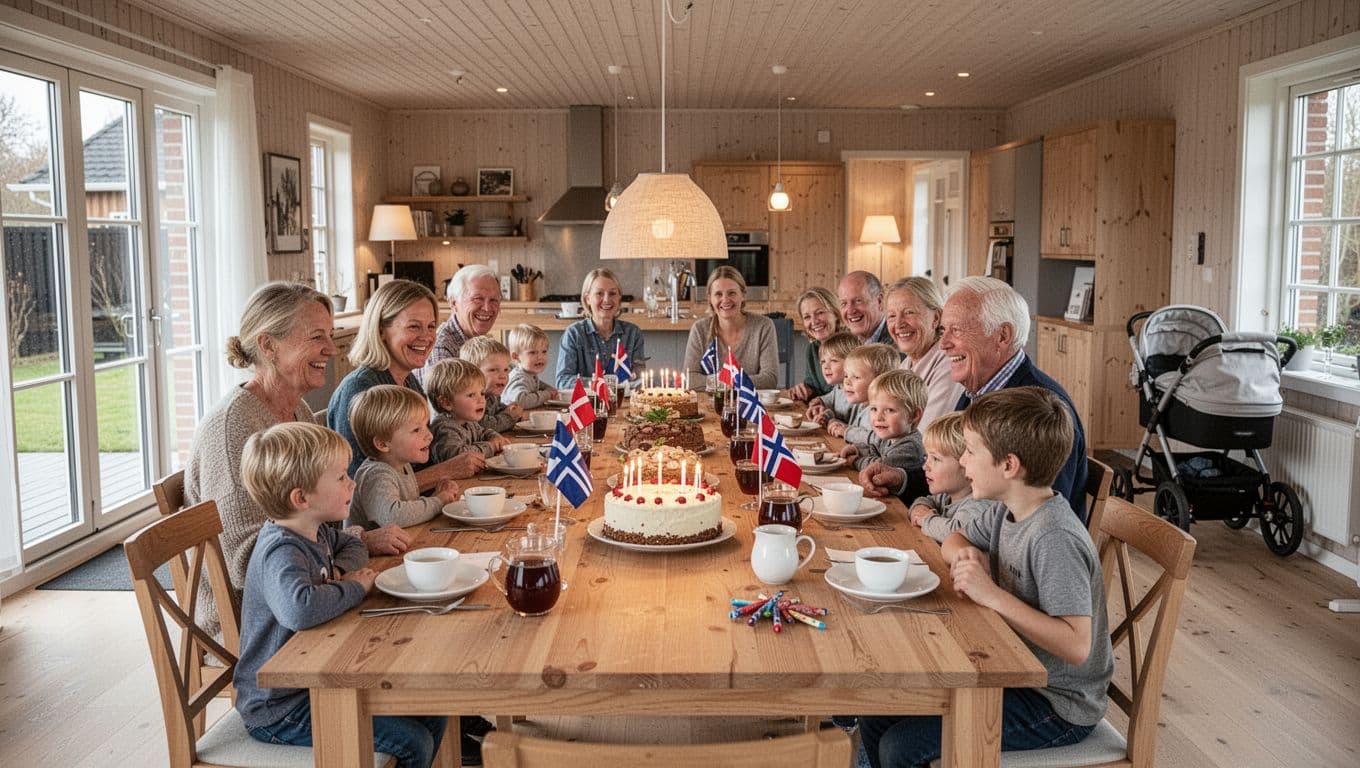 Hyggelig dansk familiefødselsdag i rummelig feriebolig nær Slagelse med langbord, kage og blandede aldre i nordisk indretning.