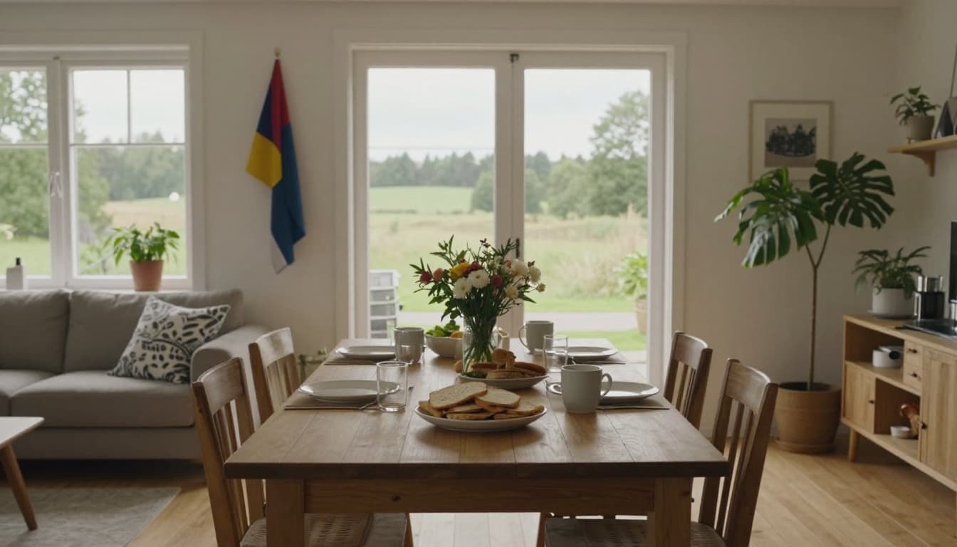 Photorealistic image of a cozy Danish vacation home interior in Slagelse, West Zealand, featuring a family brunch table with bread, cheese, and coffee in the foreground. The background shows wooden floors, large windows with green views, a sofa, plants, and a discreet confirmation flag in warm, familial Nordic minimalist style.