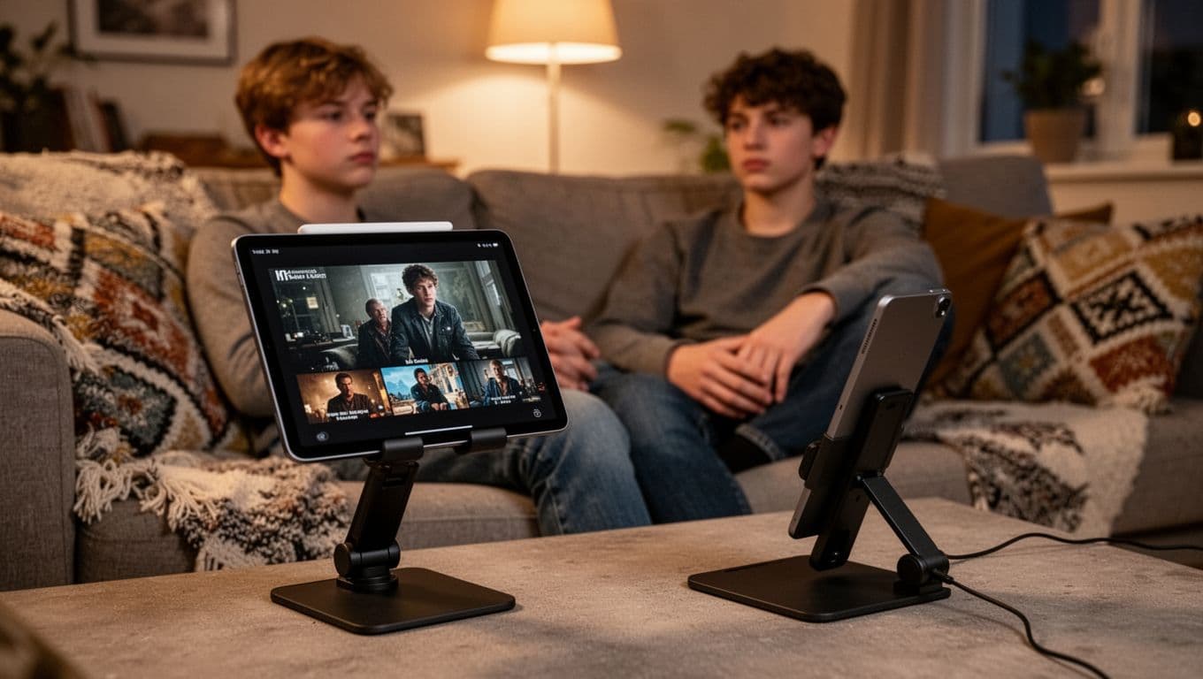 En person streamer på en refurbished iPad på stativ i en hyggelig dansk stue om aftenen.