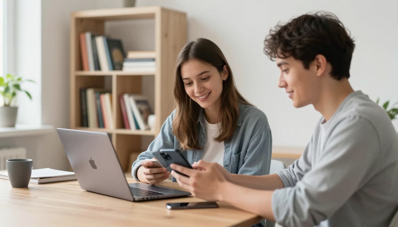 Photorealistic scene of a 20-year-old female student in casual clothes sitting at a desk in a cozy Danish student home, holding a refurbished iPhone loosely while smiling, with a reused MacBook, books, plant, and green view in the background.