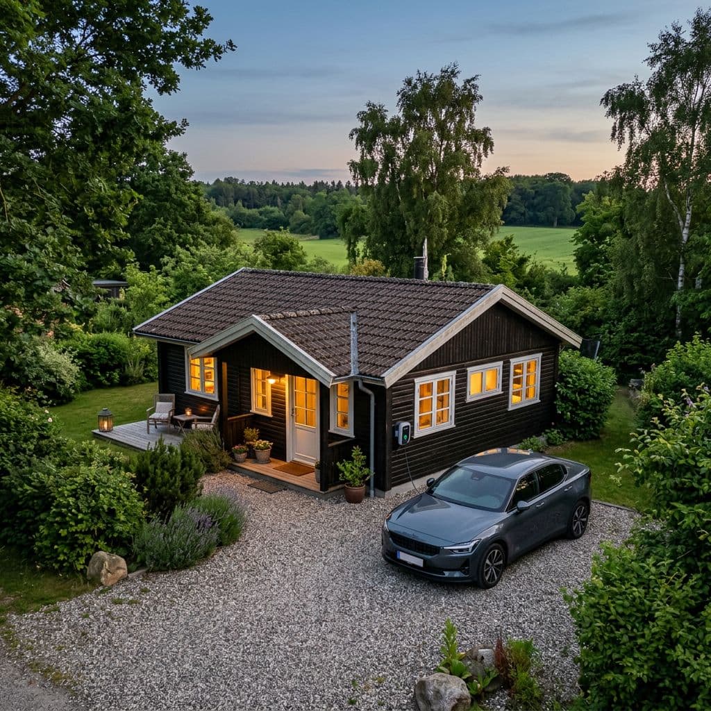 Photorealistic cozy holiday home in lush green surroundings near Slagelse, Denmark, featuring a private Type 2 EV charger on the wall and an electric car parked in front, with warm lights illuminating the windows in a serene evening atmosphere.
