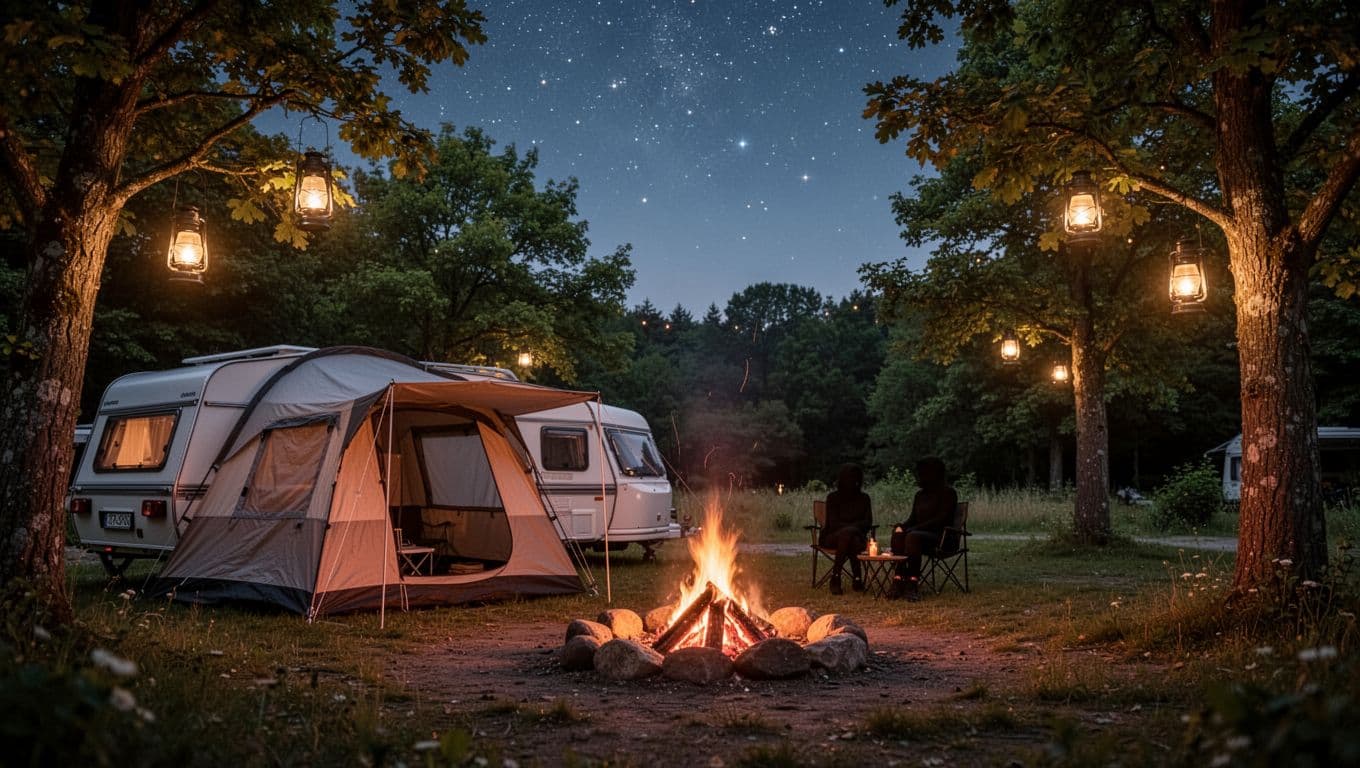 Photorealistic image of a serene camping site at twilight with a pitched tent, small camper van, glowing campfire, lanterns hanging in trees, and silhouettes of two people relaxing by the fire amid green trees and starry skies.
