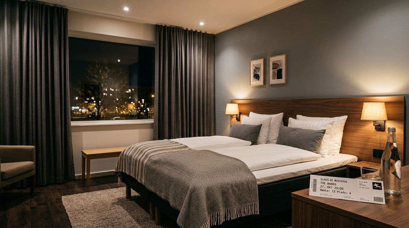 Photorealistic cozy double hotel room at Hotel Lillevang in Slagelse after a concert, with clean bed, nightstand holding concert ticket and water bottle, soft city lights through curtains, warm lamps, wooden floor, and Danish hygge atmosphere.