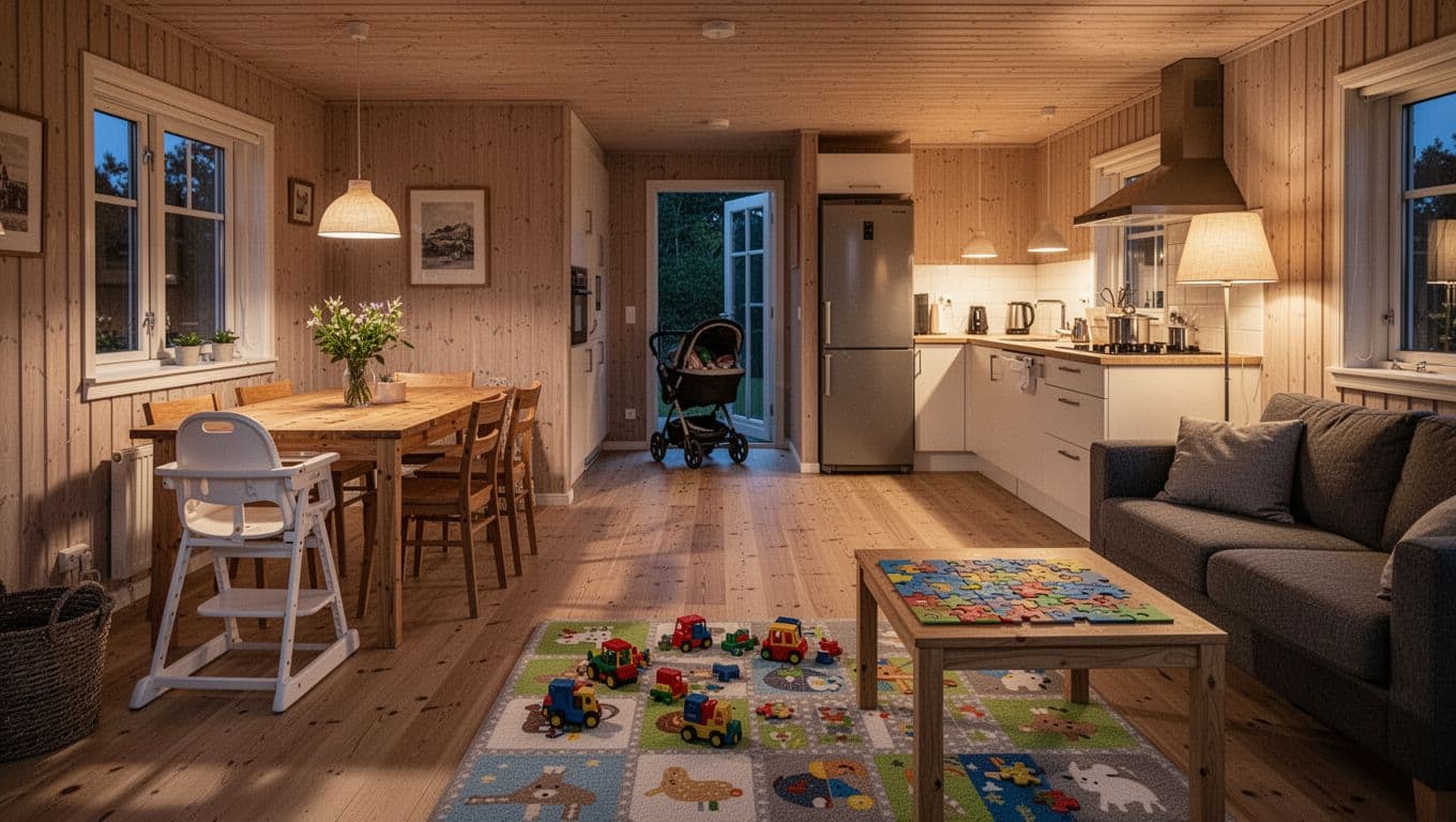 Photorealistic image in warm Scandinavian hygge style of a cozy living room and open kitchen in a Danish family vacation home with baby. Features high chair at table, play mat with toys on floor, changing pad, ample space, stroller in background, soft evening lamp light, wooden floors, natural materials, no people.