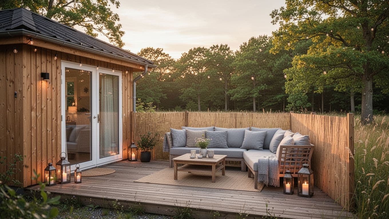 Et lille, stilrent feriehus i rolige omgivelser nær Slagelse på Vestsjælland, med privat terrasse, højt læhegn, udendørs siddeplads med puder og lanterner, omgivet af grønne træer og natur i varm morgen- eller aftensol.