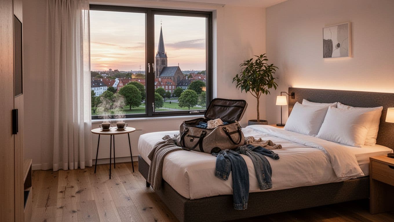 Photorealistic image of a modern, cozy hotel room in Scandinavian style with soft evening light from the window, open weekend bag on the bed with clothes spilling out, two steaming coffee cups on a table overlooking a quiet Danish city with church and parks.