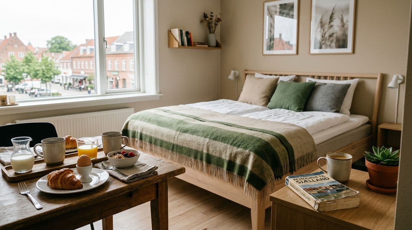 Hyggeligt hotelværelse i Slagelse med nordisk indretning og morgenmad