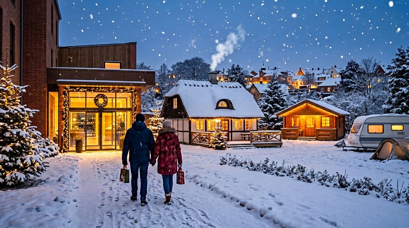 Hyggelig dansk vinterstemning i Slagelse med hotel, feriehus og camping i samme scene