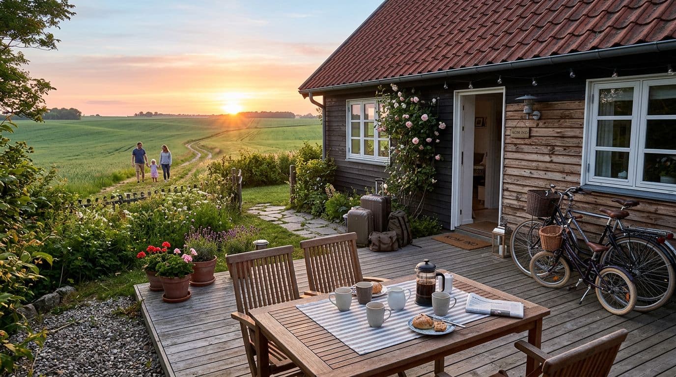 Fotorealistisk hyggeligt feriehus med terrasse nær Slagelse, morgenkaffe på bord, cykler lænet mod væggen, bagage ved indgangen og grønne marker i baggrunden i solopgangslys.