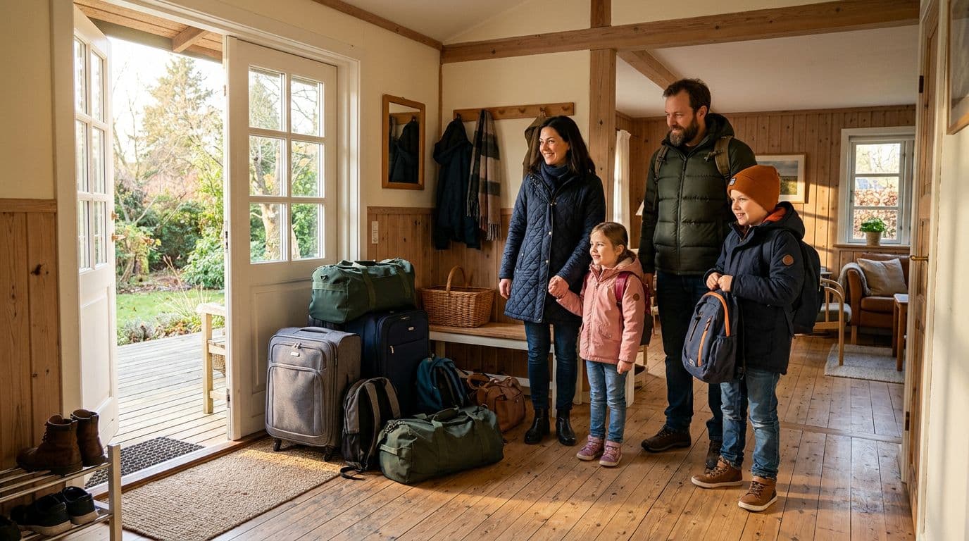 Photorealistic image of a cozy Danish vacation home in Vestsjælland, featuring a family of four (two adults and two children) in jackets, standing in the hallway ready for early morning departure with luggage and bags by the front door, illuminated by warm morning light in an inviting hygge style.