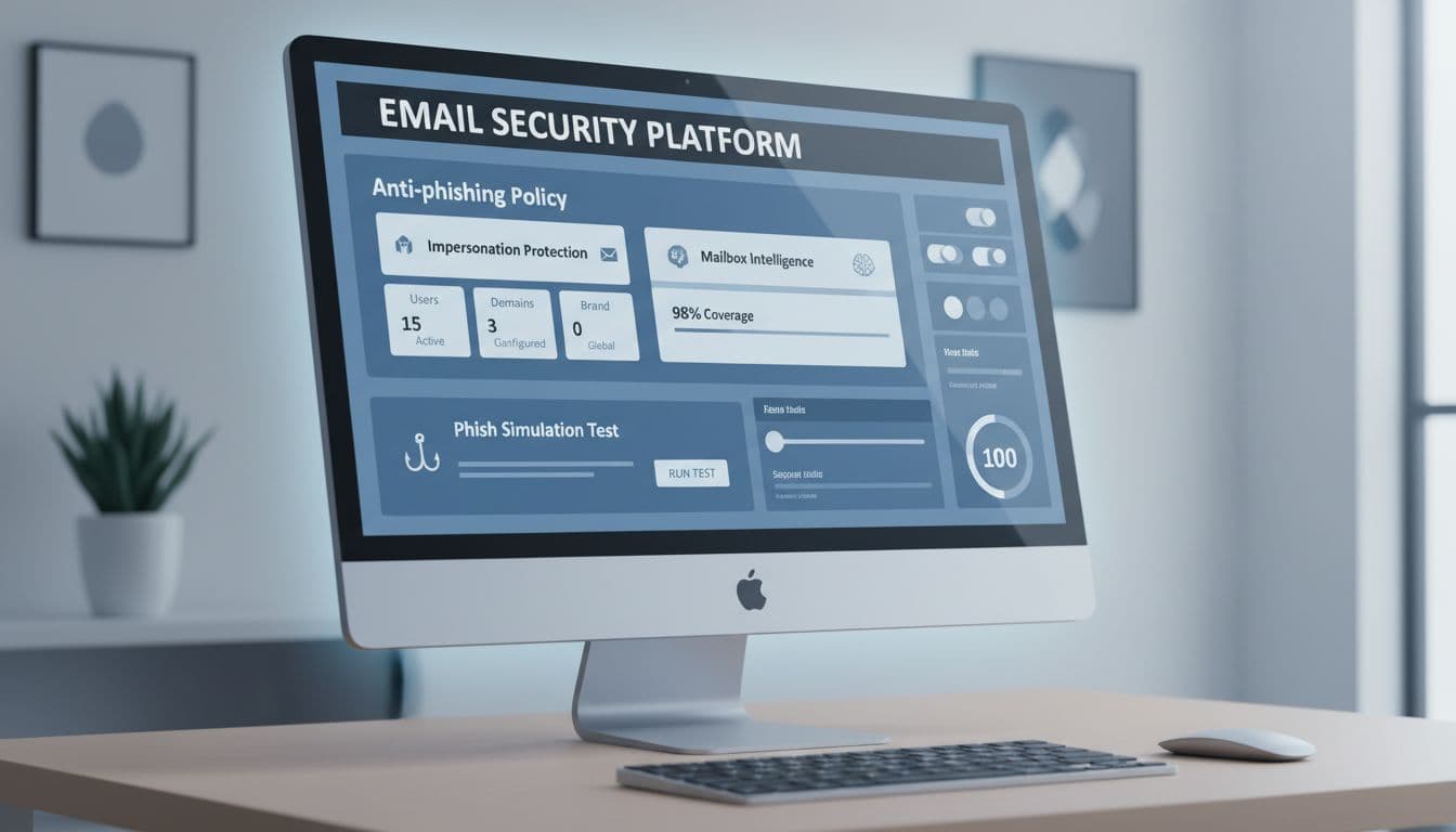 Clean, isometric vector illustration of an email security control center dashboard on a computer screen, featuring anti-phishing policy with impersonation protection for users, domains, and brands, plus mailbox intelligence and phish simulation, in a professional office setting.