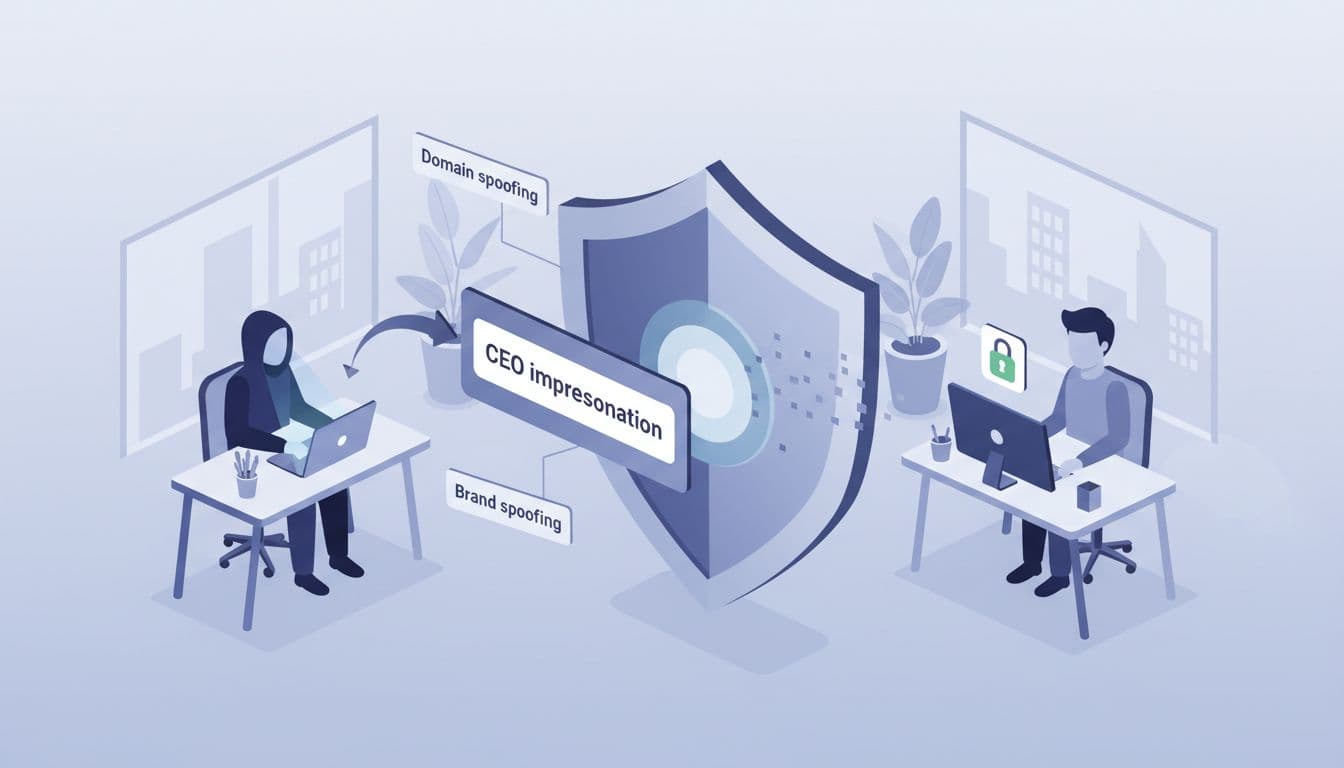 Clean, modern B2B cybersecurity illustration in flat isometric style depicting a protective shield blocking a phishing email impersonation attack on an SMB employee.