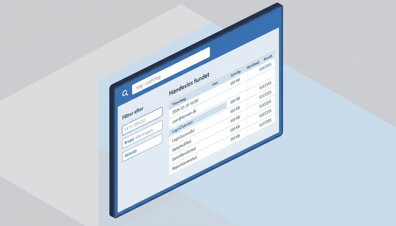Moderne flat isometrisk illustration i blå og grå af audit log oversigt med filtrering efter dato, bruger og aktivitet til venstre, og fremhævede loglinjer til højre. Søgefelt øverst og professionel overvågningsdesign med dansk tekst for høj læsbarhed.