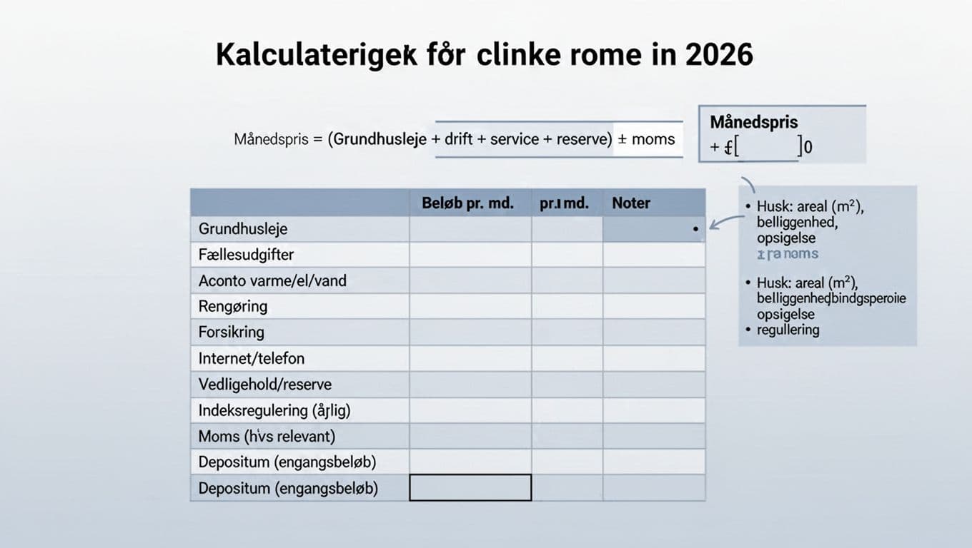Clean, minimal Scandinavian-style infographic in Danish featuring a simple spreadsheet-like table for calculating monthly rent for a clinic room. Includes expense categories like Grundhusleje, Fællesudgifter, a formula box, and tips on factors like area and location.