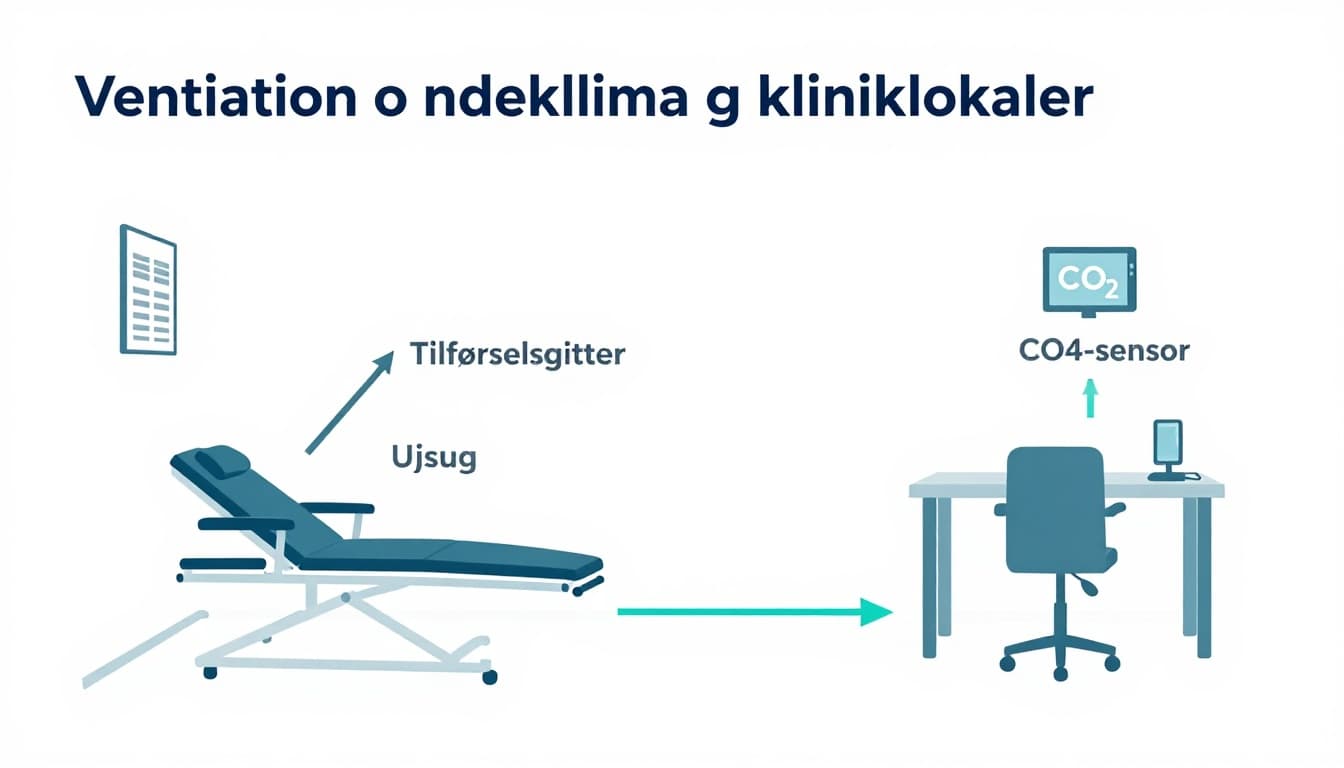 Minimalist Scandinavian infographic depicting a clean clinic treatment room layout with ventilation supply and exhaust grilles, CO2 sensor, airflow paths marked by arrows, and Danish labels for high readability.