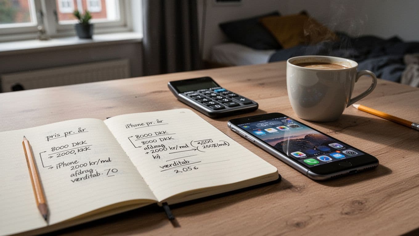Photorealistic high-resolution image of a minimalist Danish desk featuring an open notebook with handwritten iPhone cost calculations (like 8000 DKK, monthly payments, depreciation), a refurbished iPhone, calculator, coffee cup, and pencil under natural daylight. Scandinavian student room background with focused economic mood, no people or readable text.