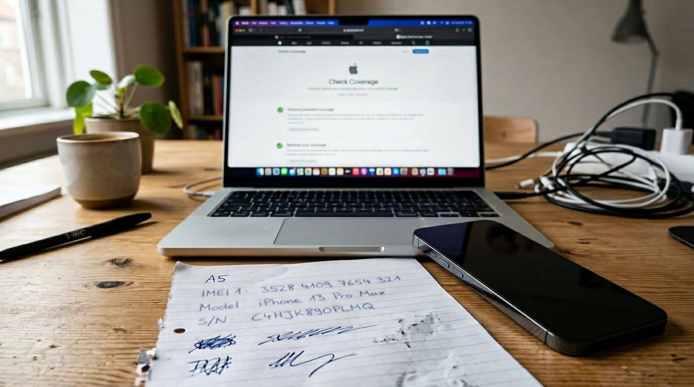 Photorealistic landscape smartphone photo of a Danish desk with an open MacBook Pro showing a blurred Apple Check Coverage page in the background, and an iPhone with paper notes about IMEI in the foreground. Features neutral lighting, realistic details, no readable text on screens, no focused logos, exactly one laptop and one iPhone, no visible hands or extra people.