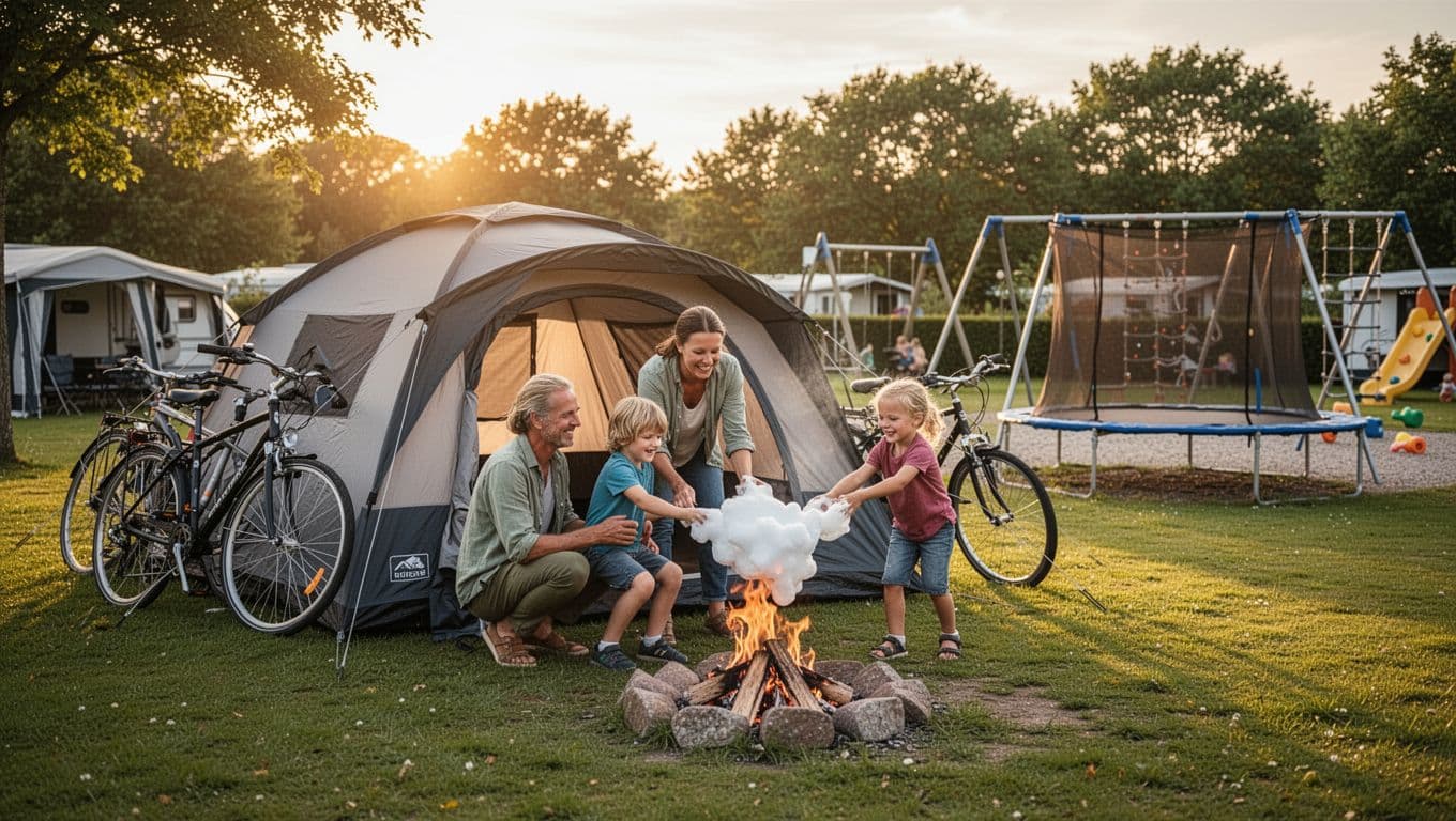 Photorealistic scene of a Danish family (two adults and children aged 4 and 9) enjoying a cozy evening at a modern tent on a green campsite near Slagelse, Denmark, with bikes nearby, a child roasting marshmallows over a supervised fire, and a playground in the background during golden hour.