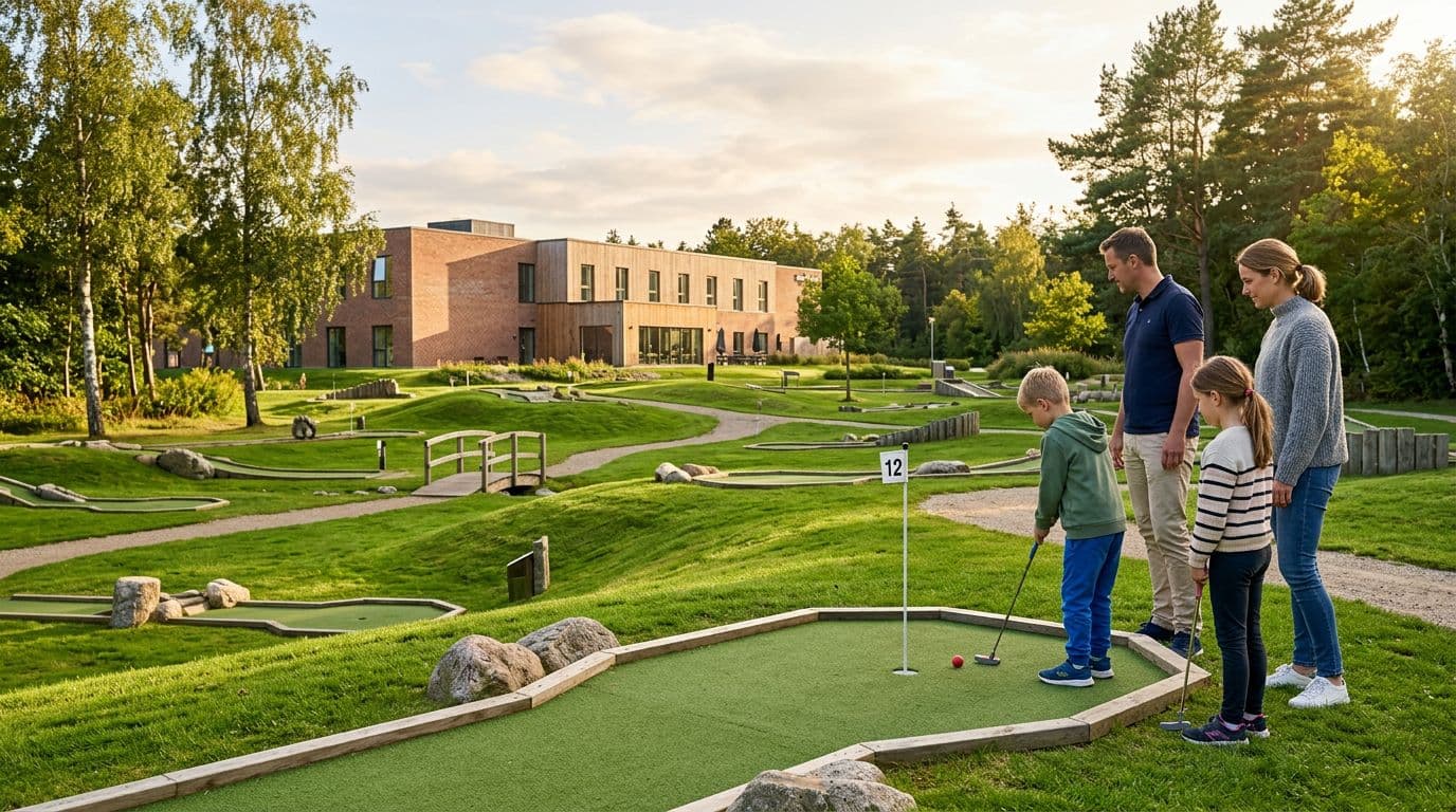 Photorealistic scene of a Danish family of four playing mini-golf on an 18-hole course in Slagelse near a hotel, captured on a sunny afternoon with warm light and Nordic minimalist style.