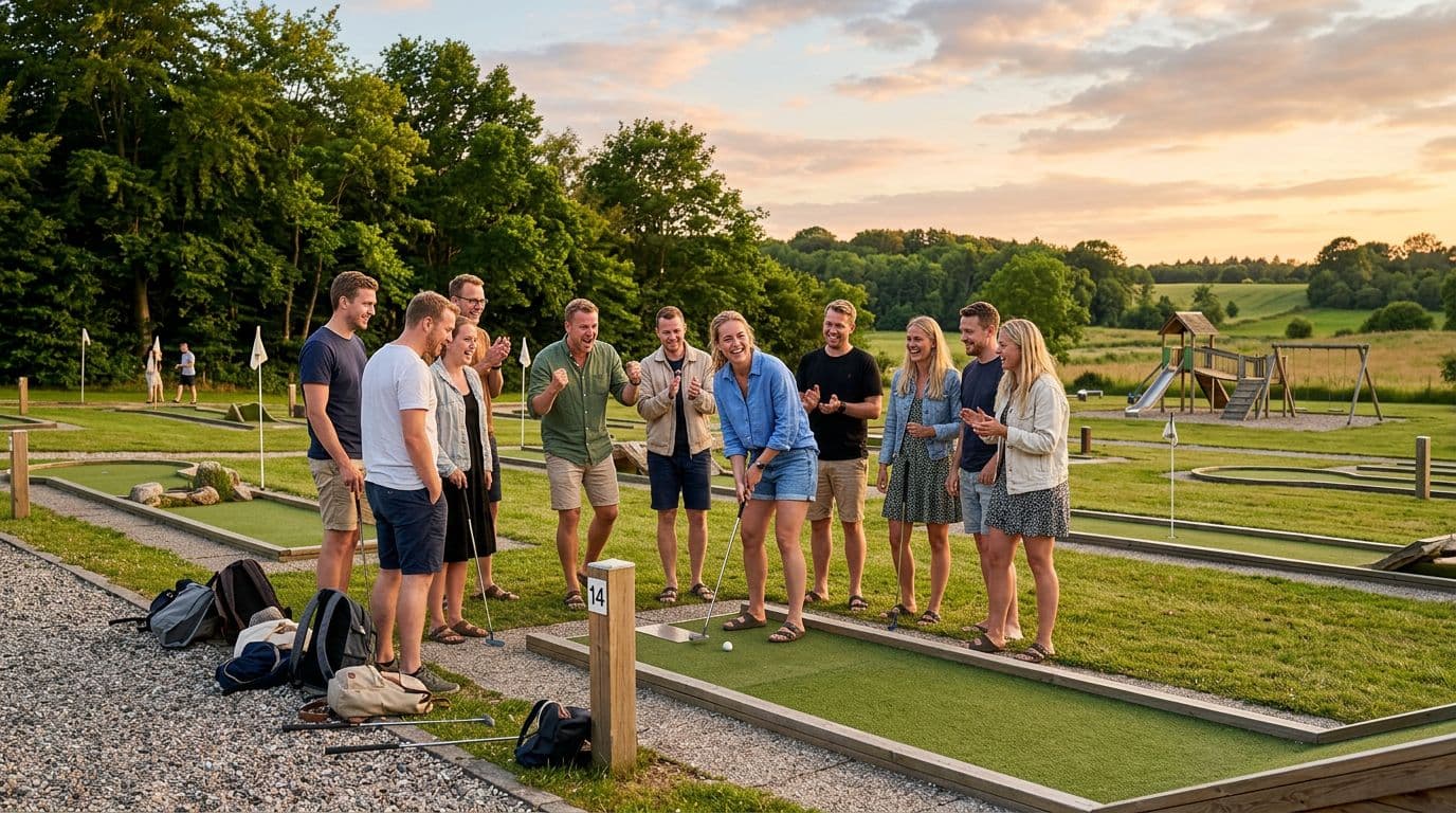Photorealistic scene of 10 adult friends in casual summer clothes laughing and cheering while playing minigolf on an 18-hole course in Slagelse, Denmark, during a cozy evening with soft sunset lighting and typical Danish landscape.