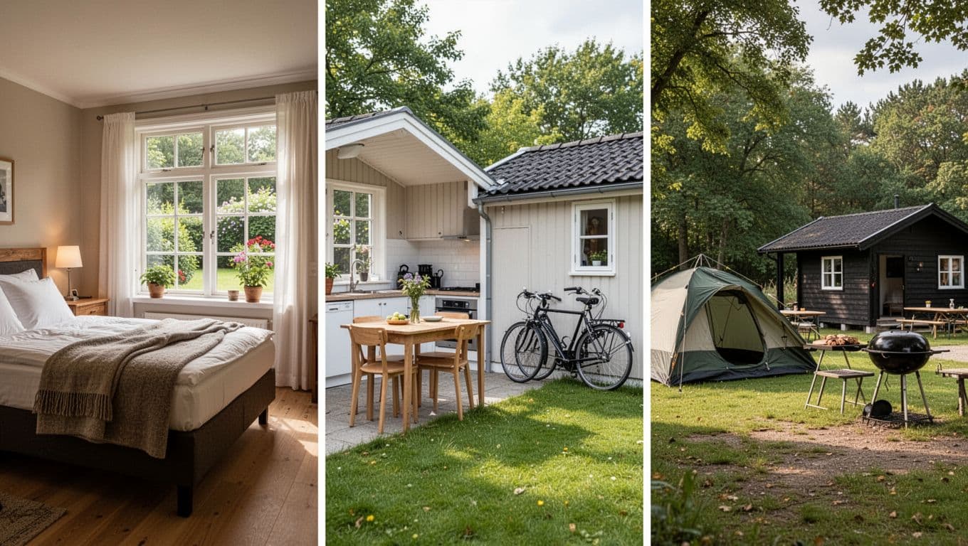 Photorealistic Nordic-style collage of three cozy overnight options in lush Danish nature: hotel room, holiday cottage with bikes, and tent campsite with facilities.