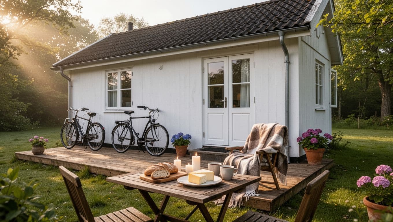 Photorealistic image of a small Danish feriehus near Slagelse in green surroundings, with a wooden terrace featuring breakfast of bread, cheese, and coffee on a table, bikes against the white wall, plaid over a chair, candles, potted flowers, soft morning sun, and lush greenery evoking a hyggelig family feel without people.