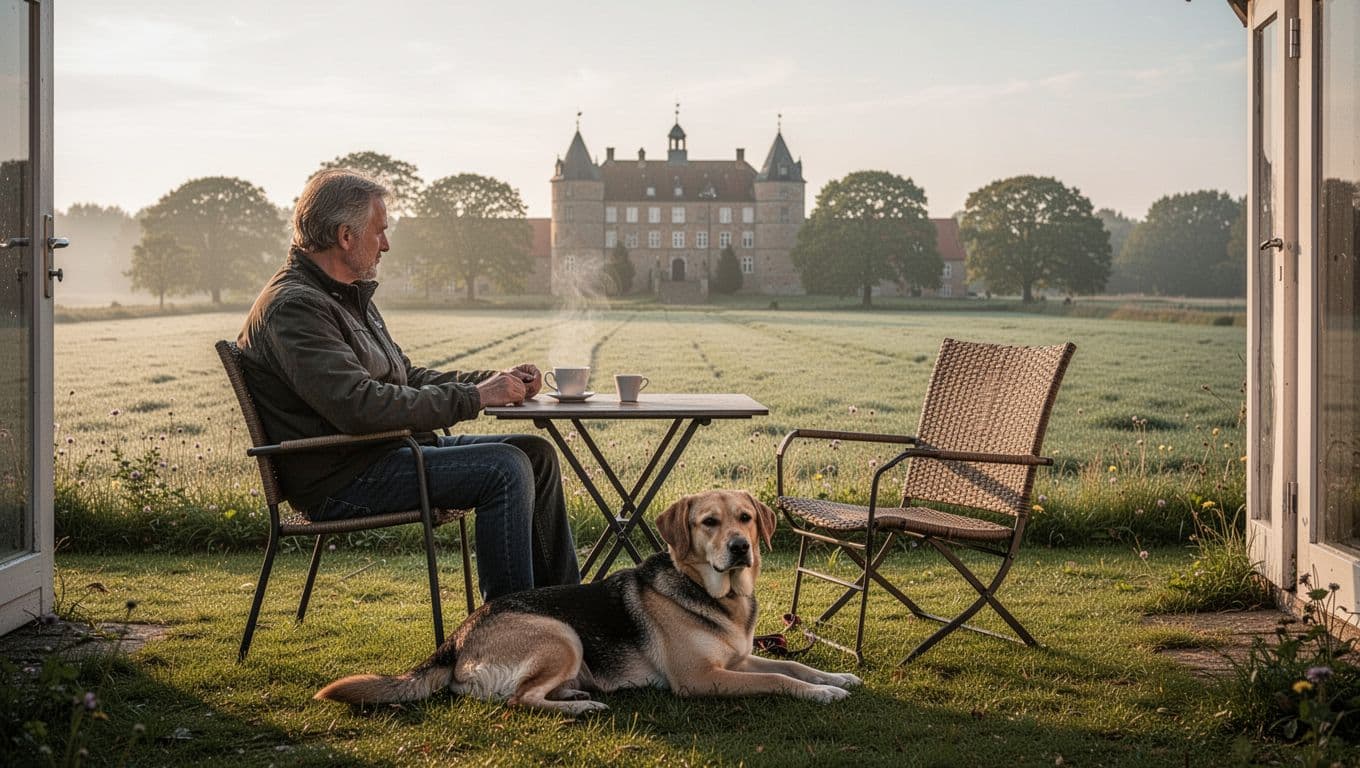 A dog owner relaxes on the terrace of a Danish holiday home near Slagelse, with their Labrador mix dog lying at their feet in the grass, overlooking flat fields, trees, and the distant Sorø castle in soft morning light.