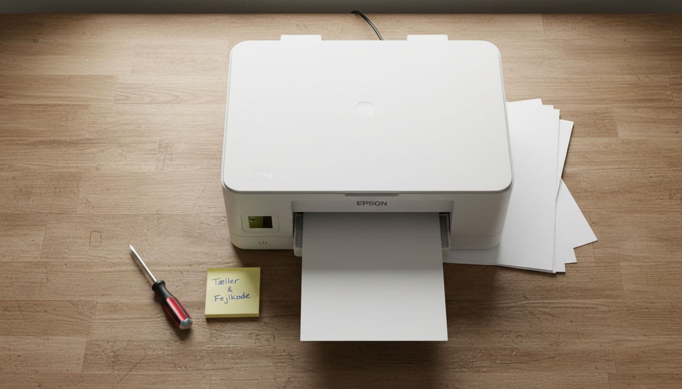 Photorealistic top-down view of a Danish work desk in a home office, featuring an Epson printer, paper, screwdriver, and a post-it note handwritten with 'Tæller & Fejlkode'. Soft daylight lighting, realistic textures on wood, metal, and paper, with natural shadows in a professional, minimal setup.